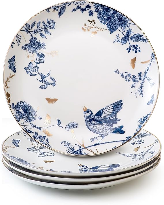 Porcelain Floral Plates 10 Inch Ceramic Salad Plates Kitchen Plates Set of 4 Blue and White Dinner Plates, Pasta Plate for Appetizer, Dessert,Party,Housewarming,Gift
