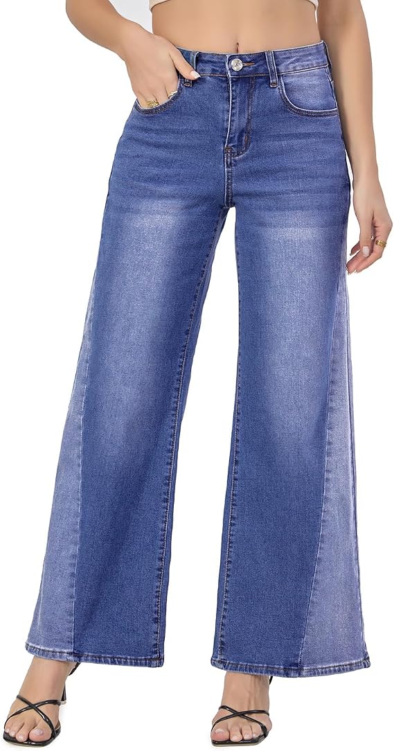 VIPONES Women's Wide Leg Jeans High Waisted Strechy Straight Baggy Jeans for Women Trendy Outfits Denim Pants with Patchwork
