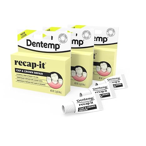 Dentemp Recap-It Cap and Crown Repair Dental Kit - Fast Acting Formula Dental Cement for Loose Caps (Pack of 3) - Temporary Cement for Crown and Bridge