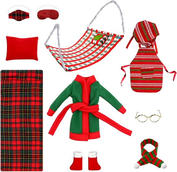 Elf Accessories Cute Mini Christmas Elf Kit with Sleeping Bag, Bathrobe, Glasses, Shawl, Hammock Doll Accessories for Doll Decorations Clothes