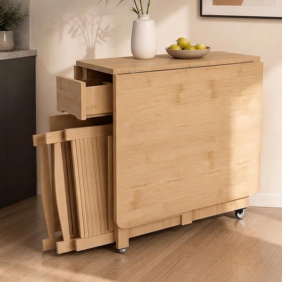 58.5"Drop Leaf Table and Chairs, No Assembly Folding Dining Table Set for 4 | Bamboo Foldable Dining Table with Storage Drawer & Lockable Wheels, Space-Saving, For Kitchen or Dining Room - Wood
