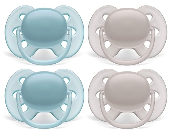 Philips AVENT Ultra Soft Pacifier, 6-18 Months, Blue and Grey, 4 Pack, SCF211/40