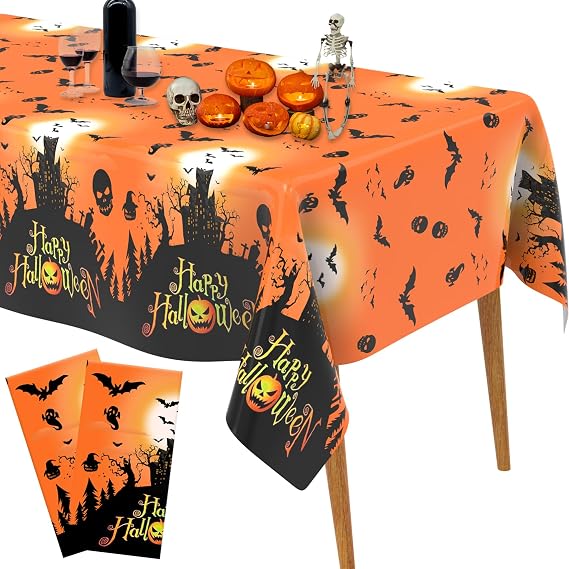 Halloween Tablecloth, Halloween Decorations, 2PCS Disposable Halloweens Plastic Tablecloth Rectangle, 108" x 54" Orange Castle Witches Table Cover Table Decor for Halloweens Party Decorations Supplies