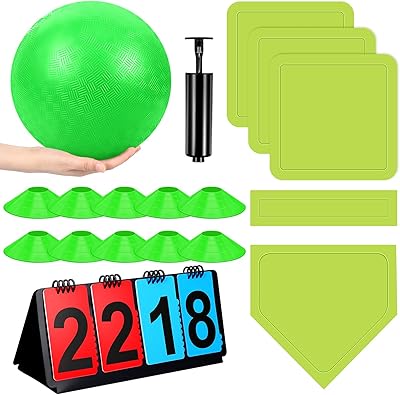 Jenaai 18 Pcs Sports Kickball Set Includes Playground Ball 5 Rubber Throw Down Bases Ball Pump Scoreboard Net Bag 10 Foul Line Cones for Adults Playground Backyard Game10 Inch,Green