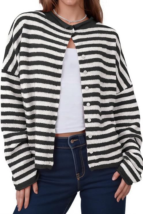 GREAIDEA Womens Striped Cardigan Sweaters Casual Trendy Open Front Long Sleeve Button Down Lightweight Knit Fall Sweater