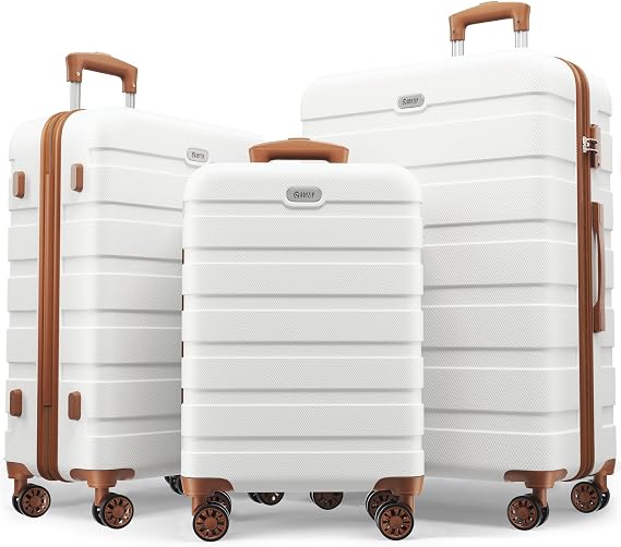 AnyZip Luggage Sets 3 Piece PC ABS Hardside Lightweight Suitcase with 4 Universal Wheels TSA Lock Carry On 20 24 28 Inch White Brown