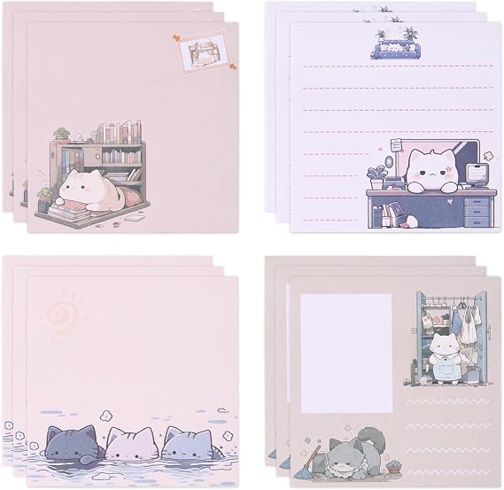 12 Pack Cute Cartoon Cat Sticky Notes, 600 Sheets 3 x 3 Inch Self-Stick Note Pads, Comic Cat Funny Novelty Memo Pad, Easy to Post for Student Studying