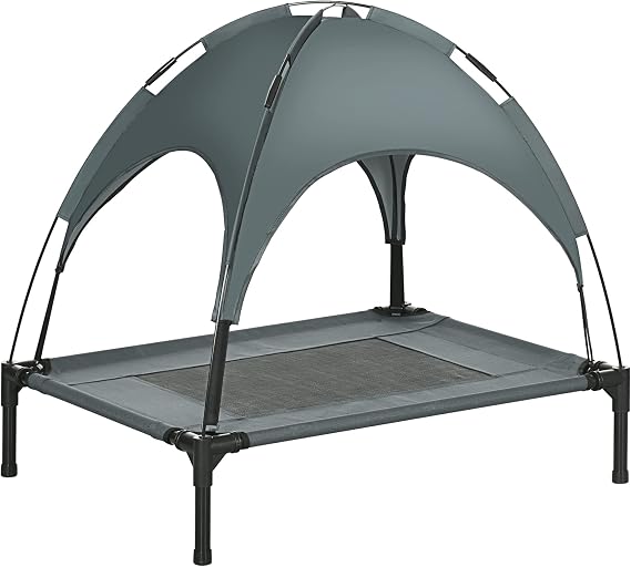 PawHut 76cm Elevated Dog Bed Cooling Raised Pet Cot UV Protection Canopy Grey