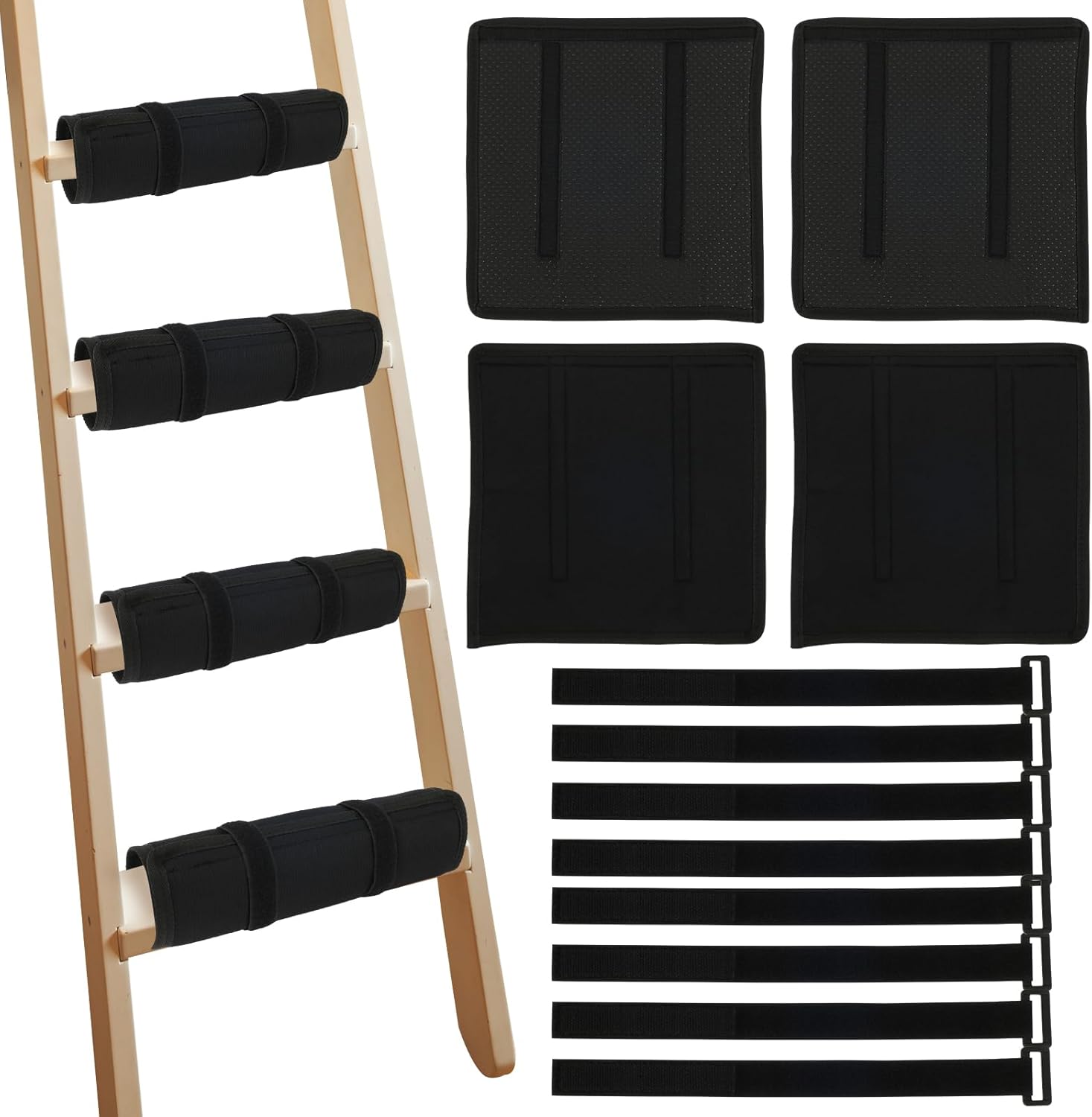 4Pcs Bunk Bed Ladder Pad, Safe Anti-Slip Ladder Protector Pads with 8 Adjustable Hook and Loop Strap, Soft Comfortable Brushed Cloth Cover for Stair Steps, 25×25cm, Ladder Not Included