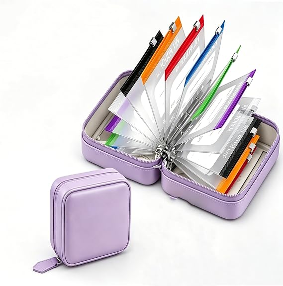 A8 Waterproof Pill Organizer Set, 7–14 Day Medication Organizer for Travel with 14 Color-Pill Pouches, Portable Reusable Binder Design Zippered Pill Storage for Fish Oils,Vitami (Purple)