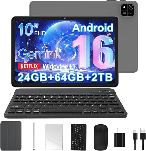 Android 16 Tablet, 10 Inch Tablet with Octa-Core, 24GB RAM 64GB ROM 2TB Expand, Gemini AI, 6000mAh, WiFi, GPS, Dual Camera, BT 5.0, 2 in 1 Tablets PC with Keyboard, Case, Mouse, Stylus