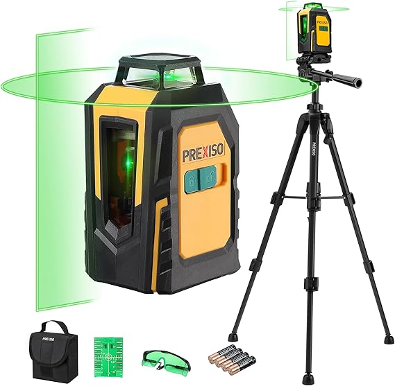 PREXISO Laser Level with Tripod, 30 M Self Leveling Line Laser with Horizontal & Vertical Green Lines, Target Plate, Green Glasses, 360° Green Cross Line Laser Tool for Ceiling Tiling Construction