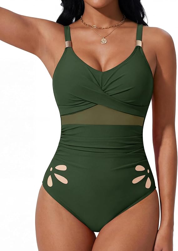 Women's Tummy Control One Piece Swimsuit V Neck Mesh Cutout Suit