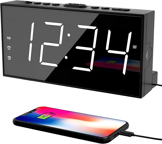 Digital Alarm Clocks for Bedrooms, Dual Alarms, 7.5-Inch Large Display | Big LED Numbers, Bedside Clock with Volume Control for Heavy Sleeper, 5-Level Dimmer, Easy Setup, USB Charger, Plug-In Clock