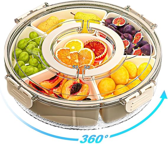 Snack Tray Round Snack Box with 6 Compartments,11 Inchs Rotating Snackle Box Container, Portable Divided Serving Tray with Lid and Handle Movie Night Snack Tray for Fruit Veggie Salad Food
