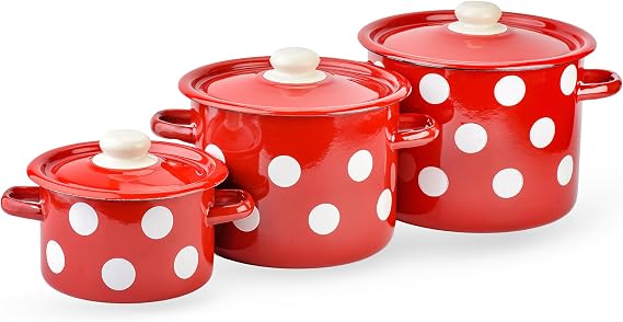 Enamel Pot with Enamel Lid, Enamel Cooking Pot, Soup Pot, Enameled Steel Stock Pot, Enamel Casserole set, Induction Safe, Dishwasher Safe, Set of 3 (Polka Dot, 2.1 Qt, 4.8 Qt, 5.8 Qt)