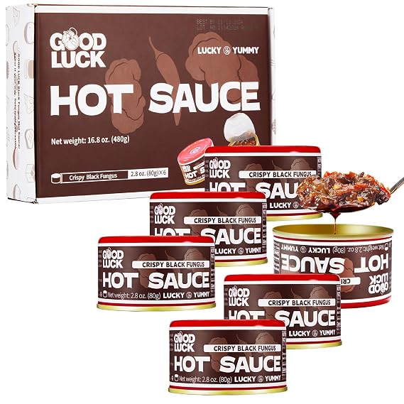 GOOD LUCK Hot Sauce, Unique Instant Crispy Black Fungus Chili Sauce, Spicy Chili Oil and Chili Paste with Chili Pepper, Soy Sauce,Garlic, Delicious Asian sauce for Noodles, Rice
