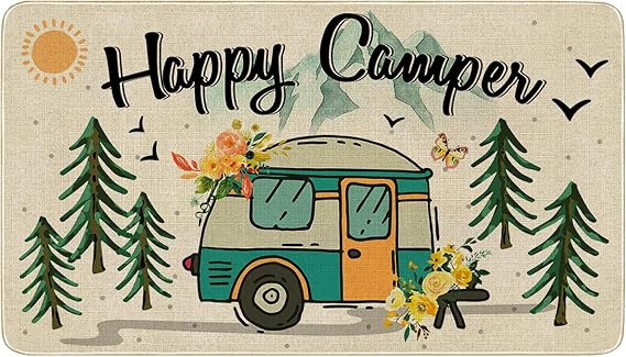 Camping Door Mat,Camping RV Entranc Decorative Welcome Doormat,Happy Camper Decoration Door Mat for Indoor/Outdoor Kitchen Rugs 17x30 inch