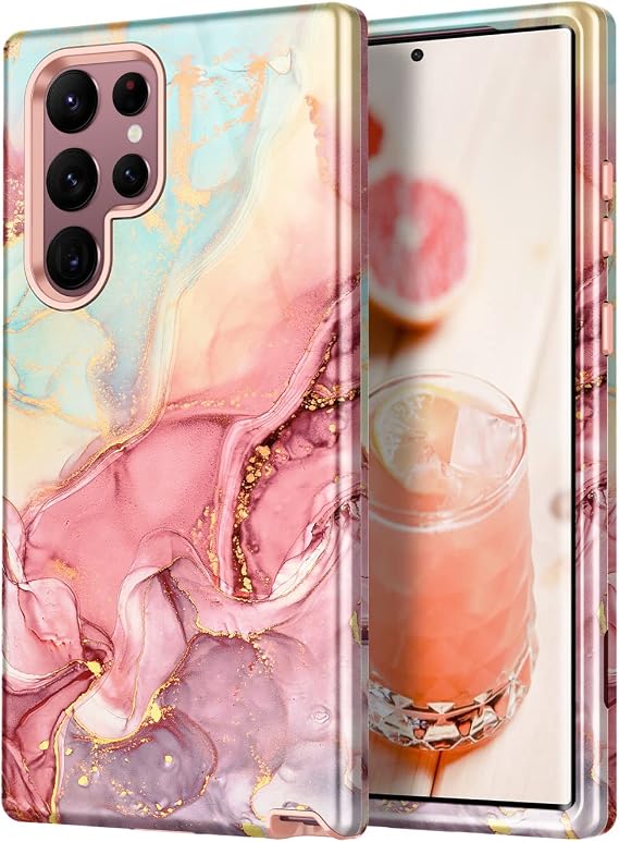 Btscase Case for Samsung Galaxy S22 Ultra 5G, Marble Pattern 3 in 1 Heavy Duty Shockproof Full Body Rugged Hard PC+Soft Silicone Drop Protective Women Girl Covers, Rose Gold