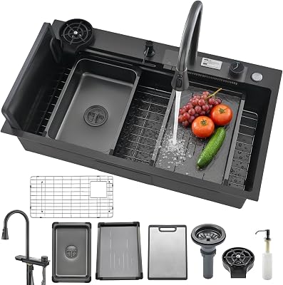 Waterfall Kitchen Sink, Top MountDrop-In Black Stainless Steel Single Bowl Workstation Sink, Large 3-in-1 Modern Multifunctional Kitchen Sink for Washing, Draining & Cutting Black, 26  20in