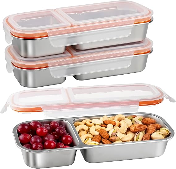 Greentainer Stainless Steel Snack Box with 2 compartments, Snack Container, Bento Box Lunch Container with Lid, Divided Salad Box for Candies Spices Nuts Cookies Vegetables, 3 Pack