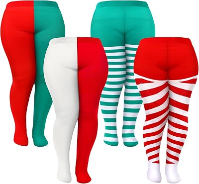 Liitrsh 4 Pairs Christmas Plus Size Women Striped Tights Large Full Length Leggings High Stocking for Xmas