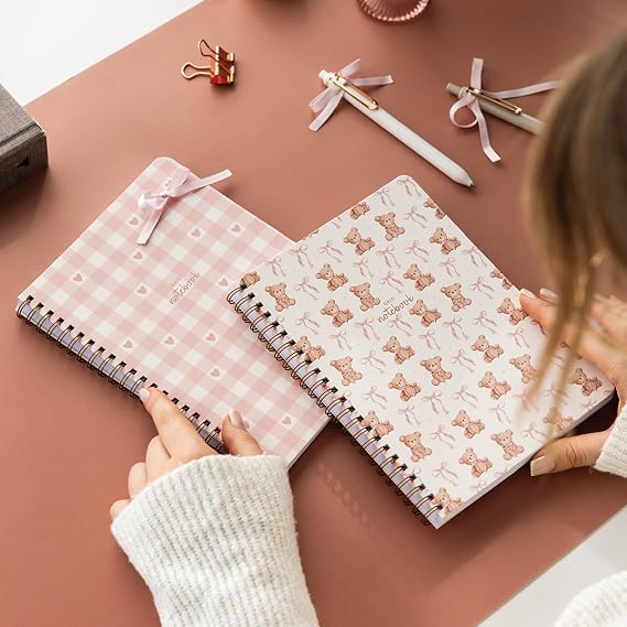 A5 Spiral Cardboard Cover 2’li Set Checkered School Notebook 80 sheets, Course Scheduled Teddy Bear
