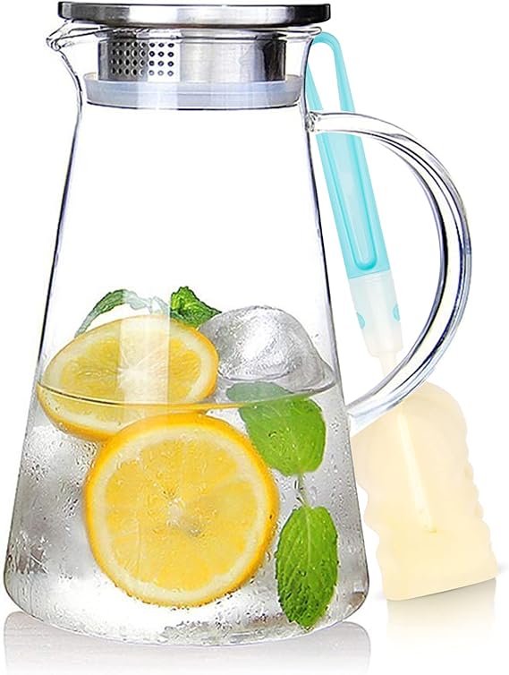 SUSTEAS 2.0 Liter 68oz Glass Pitcher with Lid, Easy Clean Heat Resistant Glass Water Carafe with Handle for Hot/Cold Beverages - Water, Cold Brew, Iced Tea & Juice, With 1 Long-Handled Brush Included