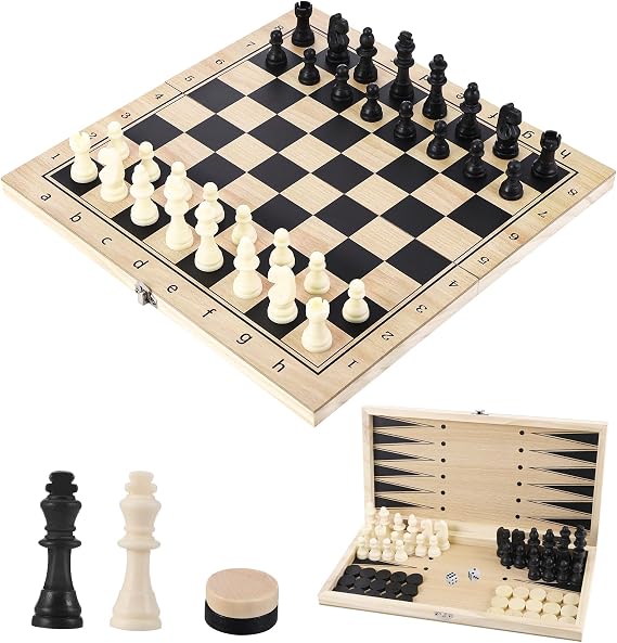 3-in-1 Wooden Chessboard Foldable 29 x 29 cm with Chess Dame