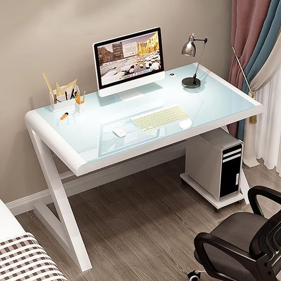 Tempered Glass Computer Desk Modern Design Student Writing Desk Study Desk Home Office Desk Gaming Desk Personal Workstation with Z-Shaped Metal Frame(47 Inch, White)