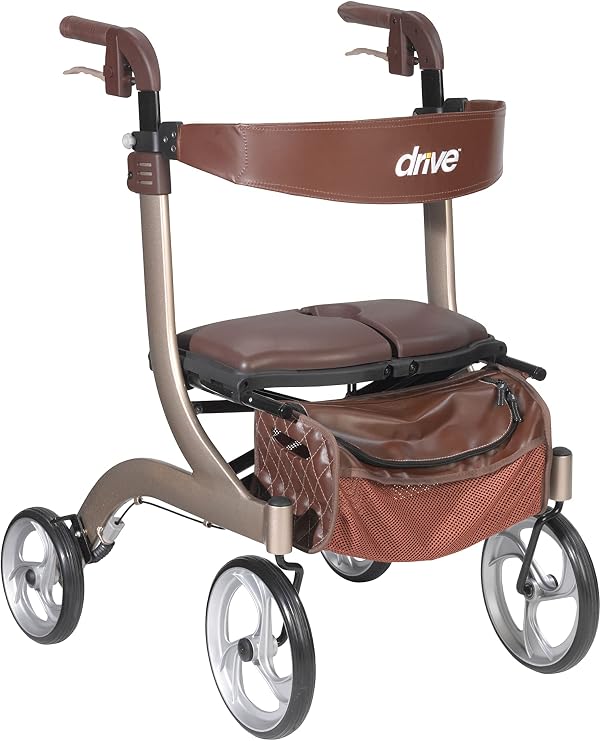 Drive Medical Nitro DLX Foldable Rollator Walker for Seniors & Adults - Hand Activated Brakes - Padded Seat - Storage Bag - 10 Inch Front Wheels - Folding Mobility Aid - Champagne