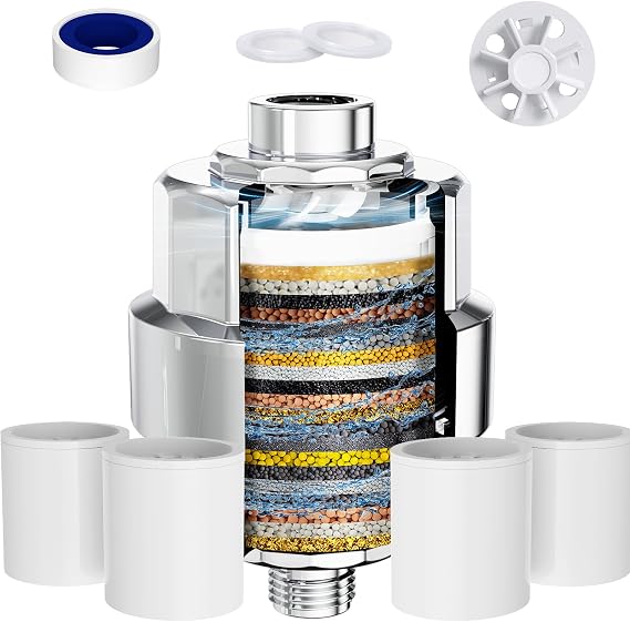 Shower Filter, EMBATHER 20 Stage Shower Head Filter for Hard Water with Spin Propeller, High Output Shower Softener Filter for Hair, Removing Chlorine, Dry Skin, Fluoride,4 Pack–Polished Chrome