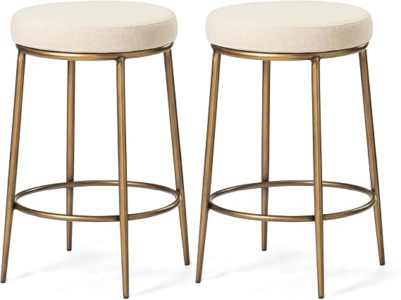 Maven Lane Stella Counter Stool (Set of 2) 26 Inches Round Stools with Footrest Gold Metal Frame & Natural Fabric Upholstery Perfect for Kitchen Island & Counters