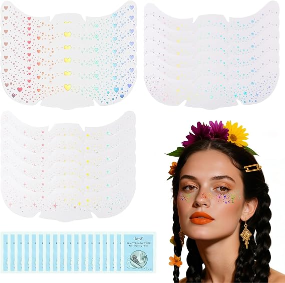 Glittering Freckle Face Tattoo, 18 Pieces Holographic Multicolour Glitter Freckles, Waterproof Glitter Freckles Festival Outfit Women