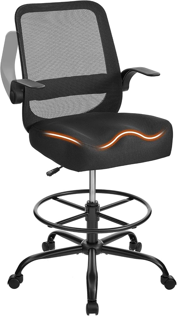 Drafting Chair for Standing Desks, 500LBS Capacity Tall Office Chair with Adjustable Height, Foot Ring, Flip-Up Armrests, Thick Curved Seat for Home Office, Drawing, and Creative Work