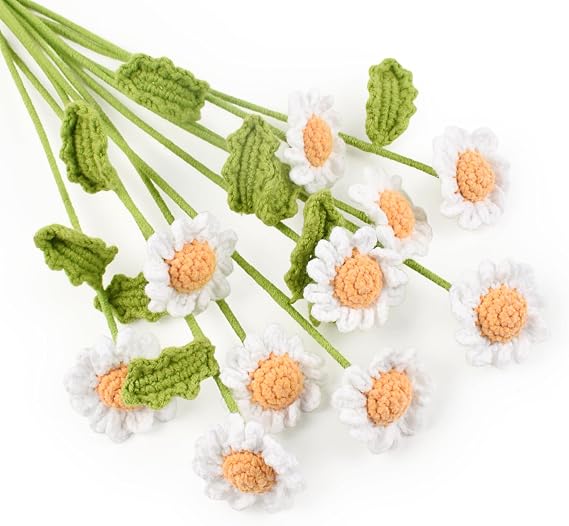 6PCS Crochet Daisy Flower 16.5Inch Knitted Handmade Daisy Flowers Cotton Knitted Flowers for Indoor Outdoor Home Kitchen Office Table Garden Decorations (White)