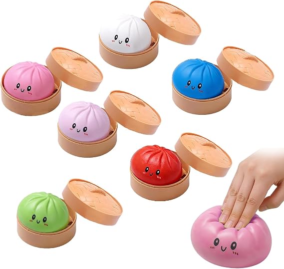 6 PCS Colorful Dumpling Stress Balls Fidget Sensory Toy,Giant Dumpling Squishy with Steamer Box, Squeeze Dough Ball Stress Relief Hand Toy,Soft Squeeze Decompression Dough Fidget Toys (6pcs)