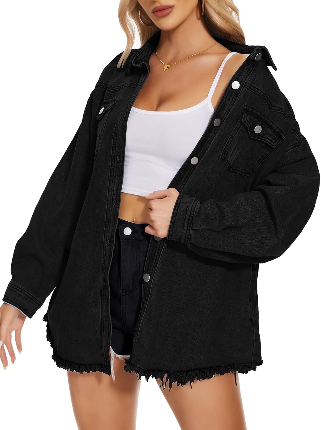 Women Oversized Button Up Denim Long Boyfriend Distresse Jean Jacket Frayed Hem Shacket