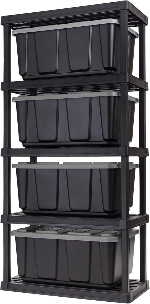 IRIS USA 5-Tier Heavy Duty Plastic Shelving Unit and Heavy Duty Storage Tote Bins, Modular Shelf Garage Rack Organizer + (4-Pack) 27 Gallon Storage Containers, Black/Gray