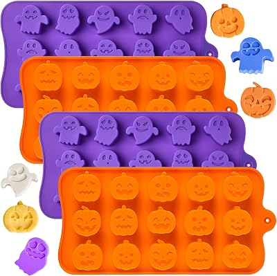 JOERSH Halloween Chocolate Silicone Molds, 4PCS Pumpkin Ghost Shaped Candy Mold Non Stick Baking Pan for DIY Chocolate, Fondant, Jello, Gummy, Candy, Cake Topper, Dessert Decorating