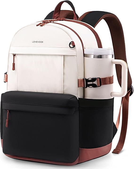 LOVEVOOK Laptop Backpack for Women with Giant Tumbler Holder,15.6 Inch Laptop Computer Bag Travel Backpack Purse,Waterproof Work Business Backpack College Bookbag Teacher Bags,Beige-Black-Brown