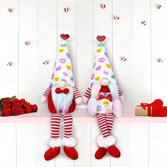Valentines Gnomes Plush Decorations, 2 Pack Candy Heart Valentines Gnomes with Long Leg Couple Plush Gnomes Swedish Tomte for Home Table Tray Mantle Fireplace Valentine's Day Decor Gifts