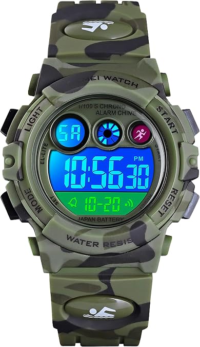 CakCity Kids Digital Sport Watch for Boys, Outdoor Waterproof Wrist Watch | 7-Color EL Backlight, Alarm, Stopwatch, Shock-Resistant, Military Time, Calendar, Silicone Strap, 5ATM Water Resistance
