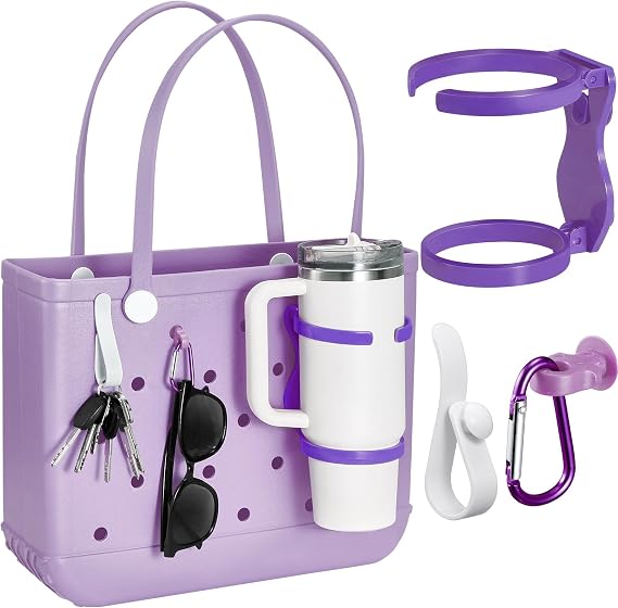 Accessories for Bogg Bag, Foldable Cup Holder for 30oz 40oz Stanley Cup, Adjustable Drink Water Bottle Holder Only for BOGG Bag, Insert Charm Carabiner Key Holder Hooks for Tote Bag (Purple)