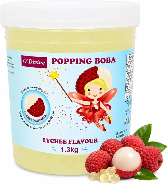O'Divine Popping Boba 1.3kg Lychee Flavour – Ready to Use Fruit Popping Pearls for Bubble Tea, Drinks, Desserts & Cocktails