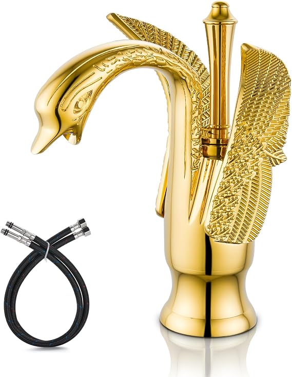 Swan Faucet Bathroom Sink Faucet Polished Gold Swan Shaped Single Handle One Hole Lavatory Basin Tap Mixer Deck Mount