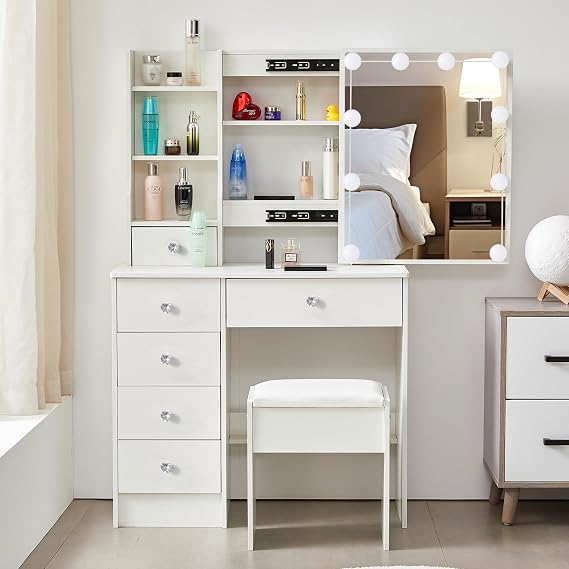 Dressing Table with Lights, Adjustable Brightness, Vanity Makeup Table with Mirror, 6 Drawers and Open Shelves, Makeup Desk with Stool for Bedroom, Modern