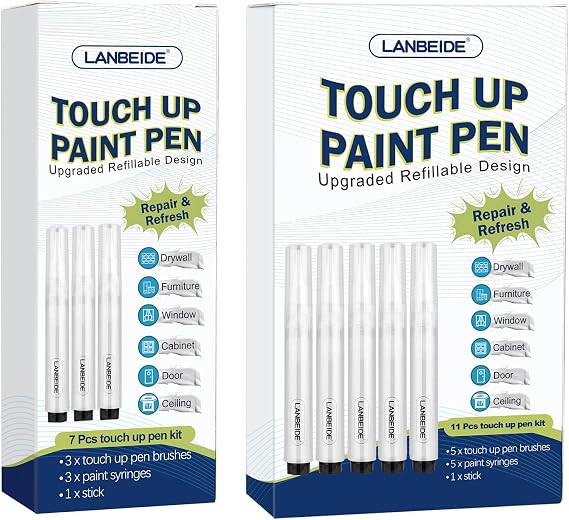 LANBEIDE Touch Up Paint Brush Pens, Fillable Paint Pen 8Pcs, Drywall Repair Kit for Wall, Funiture, Cabinet, Wood Floor, Window, Paint Storage 6ML