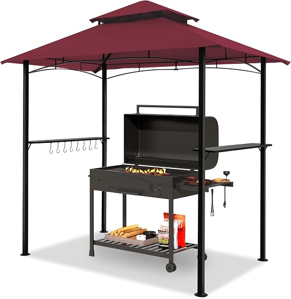 8'x5' Outdoor Grill Gazebo | Double Roof BBQ Gazebo Canopy with 2 Side Shelves and LED Lights, Patio BBQ Pergola Shelter for Garden, Backyard (Red)