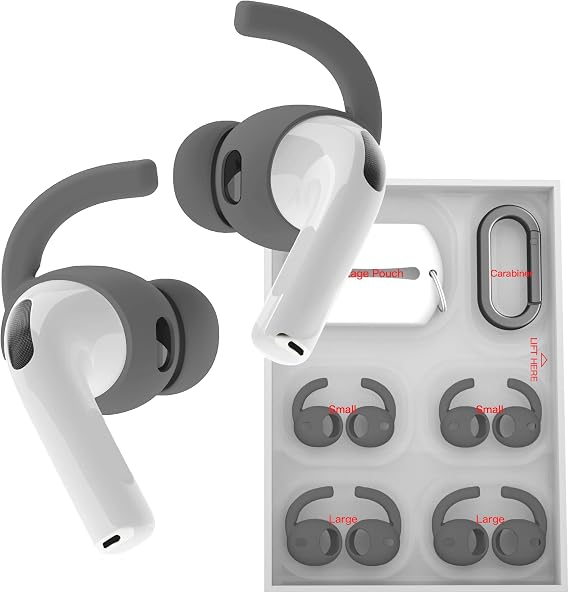 4 Pairs Ear Hooks for AirPods Pro 3 [Added Storage Pouch] Anti Slip Sport Ear Tips Accessories Compatible with AirPods Pro 3rd Generation [2025 Released] S & L (Gray)